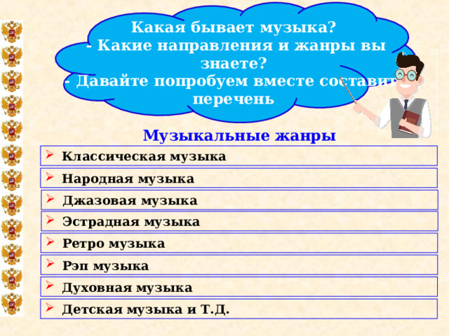 Какая бывает музыка? - Какие направления и жанры вы знаете? - Давайте попробуем вместе составить перечень Музыкальные жанры Классическая музыка Народная музыка Джазовая музыка Эстрадная музыка Ретро музыка Рэп музыка Духовная  музыка Детская  музыка и Т.Д.  