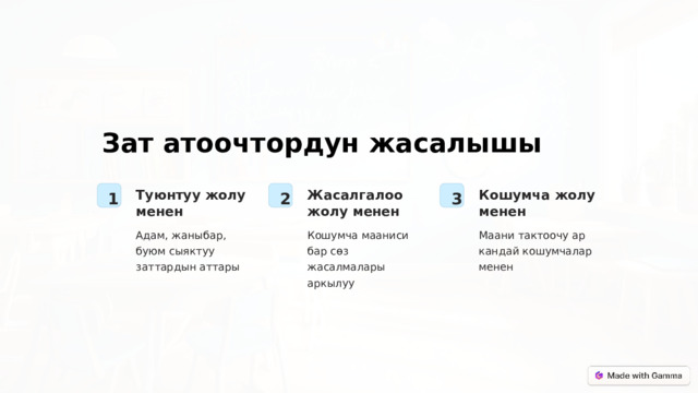  Зат атоочтордун жасалышы Туюнтуу жолу менен Жасалгалоо жолу менен Кошумча жолу менен 1 2 3 Адам, жаныбар, буюм сыяктуу заттардын аттары Кошумча мааниси бар сөз жасалмалары аркылуу Маани тактоочу ар кандай кошумчалар менен 