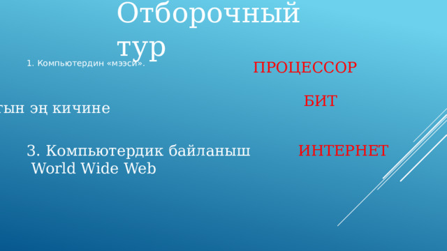 Отборочный тур 1. Компьютердин «мээси». ПРОЦЕССОР БИТ 2. Маалыматтын эң кичине бирдиги 3. Компьютердик байланыш ИНТЕРНЕТ  World Wide Web 