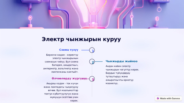 Электр чынжырын куруу Схема түзүү 1 Биринчи кадам - керектүү электр чынжырынын схемасын чийүү. Бул схема батарея, ажыраткыч, амперметр, вольтметр жана лампочканы камтыйт. Чынжырды жыйноо 2 Андан кийин электр чынжырын чогултуу керек. Бардык түйүндөрдү туташтыруу жана ажыраткычты орнотуу маанилүү. Өлчөөлөрдү жүргүзүү 3 Акыркы кадам - ток күчүн жана лампадагы чыңалууну өлчөө. Бул маалыматтар токтун кубаттуулугун жана жумушун эсептөө үчин керек.  