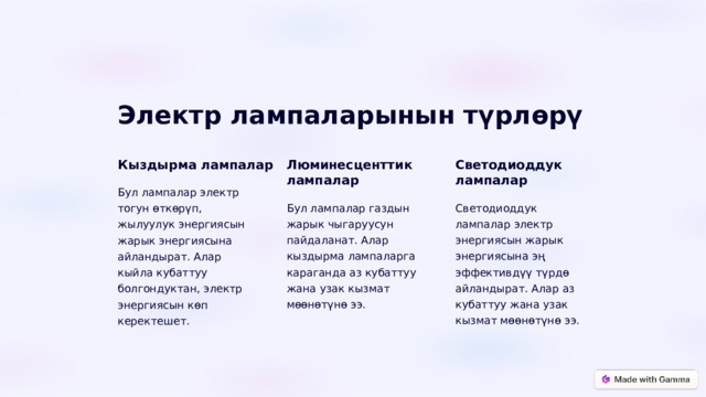 Электр лампаларынын түрлөрү Кыздырма лампалар Люминесценттик лампалар Светодиоддук лампалар Бул лампалар электр тогун өткөрүп, жылуулук энергиясын жарык энергиясына айландырат. Алар кыйла кубаттуу болгондуктан, электр энергиясын көп керектешет. Бул лампалар газдын жарык чыгаруусун пайдаланат. Алар кыздырма лампаларга караганда аз кубаттуу жана узак кызмат мөөнөтүнө ээ. Светодиоддук лампалар электр энергиясын жарык энергиясына эң эффективдүү түрдө айландырат. Алар аз кубаттуу жана узак кызмат мөөнөтүнө ээ.  