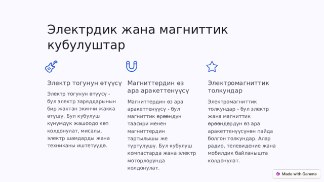 Электрдик жана магниттик кубулуштар Электр тогунун өтүүсү Магниттердин өз ара аракеттенүүсү Электромагниттик толкундар Электр тогунун өтүүсү - бул электр заряддарынын бир жактан экинчи жакка өтүшү. Бул кубулуш күнүмдүк жашоодо көп колдонулат, мисалы, электр шамдарды жана техниканы иштетүүдө. Магниттердин өз ара аракеттенүүсү - бул магниттик өрөөндүн таасири менен магниттердин тартылышы же түртүлүшү. Бул кубулуш компастарда жана электр моторлорунда колдонулат. Электромагниттик толкундар - бул электр жана магниттик өрөөндөрдүн өз ара аракеттенүүсүнөн пайда болгон толкундар. Алар радио, телевидение жана мобилдик байланышта колдонулат. 