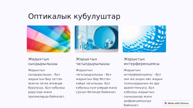 Оптикалык кубулуштар Жарыктын сындырылышы Жарыктын чагылдырылышы Жарыктын интерференциясы Жарыктын сындырылышы - бул жарыктын бир заттан экинчи затка өткөндө бурулушу. Бул кубулуш радугада жана призмаларда байкалат. Жарыктын чагылдырылышы - бул жарыктын бир беттен кайра чагылышы. Бул кубулуш күзгүлөрдө жана суунун бетинде байкалат. Жарыктын интерференциясы - бул эки же андан көп жарык толкундарынын өз ара аракеттенүүсү. Бул кубулуш жарыктын сынышында жана дифракциясында байкалат. 