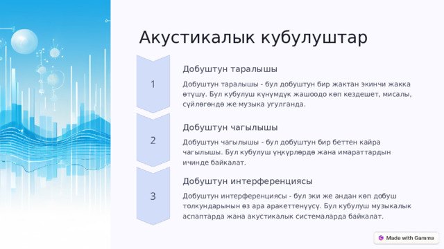 Акустикалык кубулуштар Добуштун таралышы Добуштун таралышы - бул добуштун бир жактан экинчи жакка өтүшү. Бул кубулуш күнүмдүк жашоодо көп кездешет, мисалы, сүйлөгөндө же музыка угулганда. Добуштун чагылышы Добуштун чагылышы - бул добуштун бир беттен кайра чагылышы. Бул кубулуш үңкүрлөрдө жана имараттардын ичинде байкалат. Добуштун интерференциясы Добуштун интерференциясы - бул эки же андан көп добуш толкундарынын өз ара аракеттенүүсү. Бул кубулуш музыкалык аспаптарда жана акустикалык системаларда байкалат. 