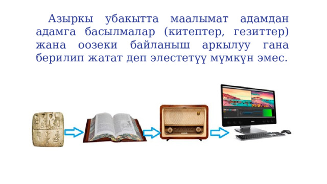  Азыркы убакытта маалымат адамдан адамга басылмалар (китептер, гезиттер) жана оозеки байланыш аркылуу гана берилип жатат деп элестетүү мүмкүн эмес. 
