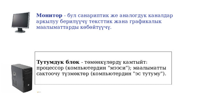 Монитор - бул санариптик же аналогдук каналдар аркылуу берилүүчү тексттик жана графикалык маалыматтарды көбөйтүүчү.  Тутумдук блок - төмөнкүлөрдү камтыйт: процессор (компьютердин 