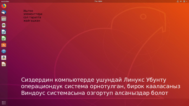 Иштоо элементтери сол тарапта жайгашкан Сиздердин компьютерде ушундай Линукс Убунту операциондук система орнотулган, бирок кааласаныз Виндоус системасына озгортуп алсаныздар болот  