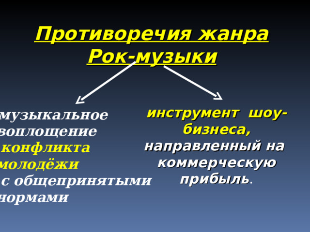 Противоречия жанра Рок-музыки инструмент шоу-бизнеса, направленный на коммерческую прибыль .  музыкальное воплощение  конфликта молодёжи  с общепринятыми нормами 