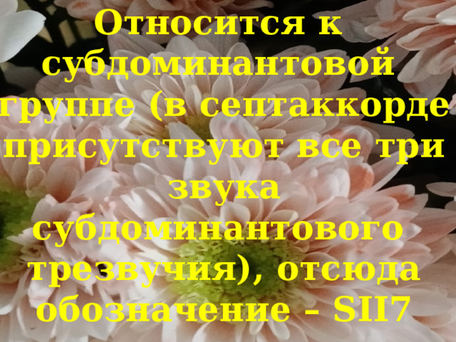 Относится к  субдоминантовой  группе (в септаккорде присутствуют все три звука субдоминантового  трезвучия), отсюда обозначение – SII7   