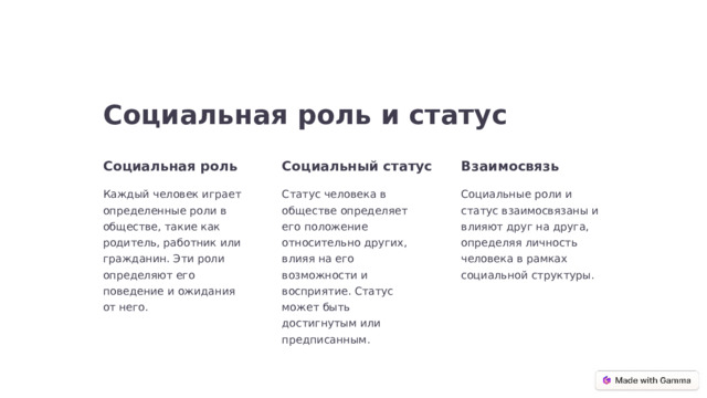 Социальная роль и статус Социальная роль Социальный статус Взаимосвязь Каждый человек играет определенные роли в обществе, такие как родитель, работник или гражданин. Эти роли определяют его поведение и ожидания от него. Статус человека в обществе определяет его положение относительно других, влияя на его возможности и восприятие. Статус может быть достигнутым или предписанным. Социальные роли и статус взаимосвязаны и влияют друг на друга, определяя личность человека в рамках социальной структуры.  