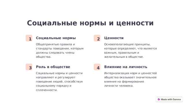 Социальные нормы и ценности Ценности Социальные нормы 1 2 Основополагающие принципы, которые определяют, что является важным, правильным и желательным в обществе. Общепринятые правила и стандарты поведения, которым должны следовать члены общества. Роль в обществе Влияние на личность 3 4 Социальные нормы и ценности направляют и регулируют поведение людей, способствуя социальному порядку и сплоченности. Интернализация норм и ценностей общества оказывает значительное влияние на формирование личности человека.  