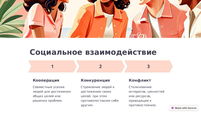Социальное взаимодействие Кооперация Конкуренция Конфликт Совместные усилия людей для достижения общих целей или решения проблем. Стремление людей к достижению своих целей, при этом противопоставляя себя другим. Столкновение интересов, ценностей или ресурсов, приводящее к противостоянию.  