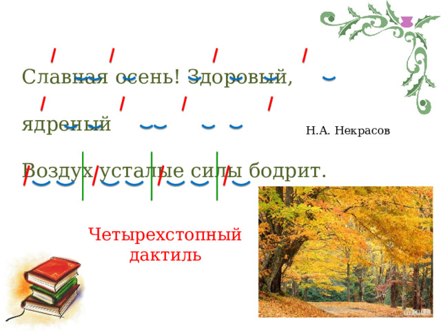 Славная осень! Здоровый, ядреный Воздух усталые силы бодрит. Н.А. Некрасов Четырехстопный дактиль 