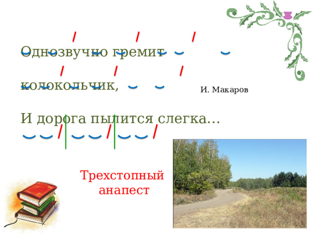 Однозвучно гремит колокольчик, И дорога пылится слегка… И. Макаров Трехстопный анапест 