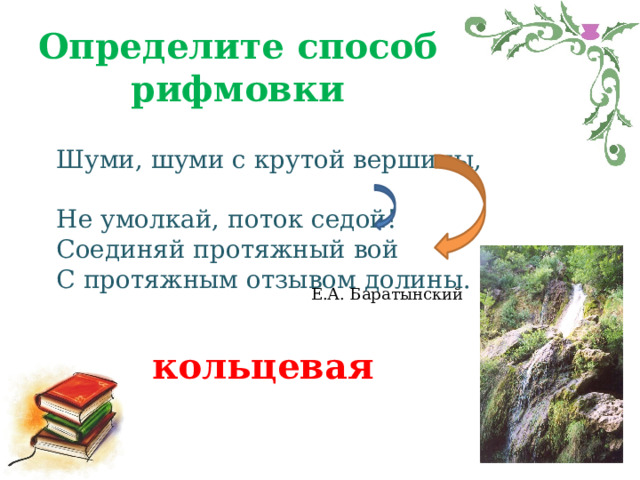 Определите способ рифмовки Шуми, шуми с крутой вершины,  Не умолкай, поток седой!  Соединяй протяжный вой  С протяжным отзывом долины.    Е.А. Баратынский кольцевая 