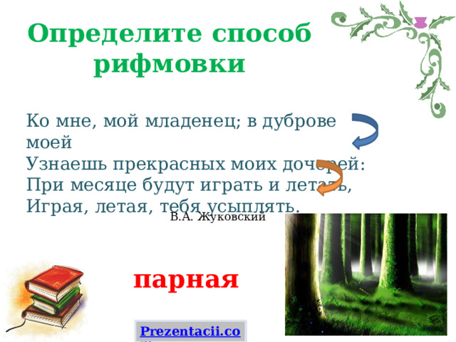 Определите способ рифмовки Ко мне, мой младенец; в дуброве моей  Узнаешь прекрасных моих дочерей:  При месяце будут играть и летать,  Играя, летая, тебя усыплять. В.А. Жуковский парная 