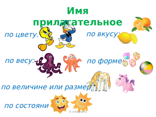 Имя прилагательное по вкусу: по цвету: по весу: по форме: по величине или размеру: по состоянию: © InfoUrok.ru 