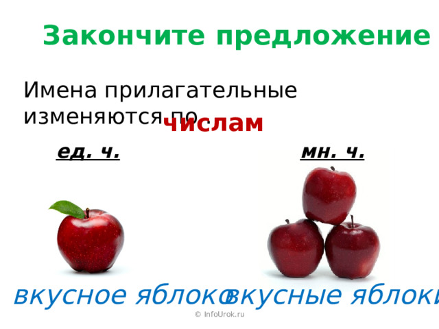 Закончите предложение Имена прилагательные изменяются по … числам ед. ч. мн. ч.  вкусное яблоко вкусные яблоки © InfoUrok.ru 
