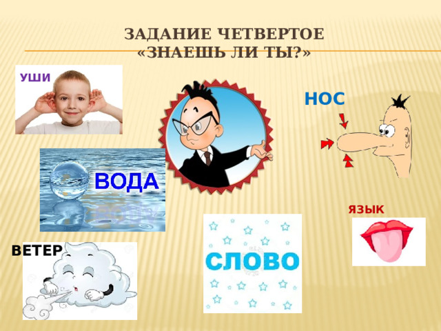 Задание четвертое  «Знаешь ли ты?» УШИ НОС ЯЗЫК ВЕТЕР  