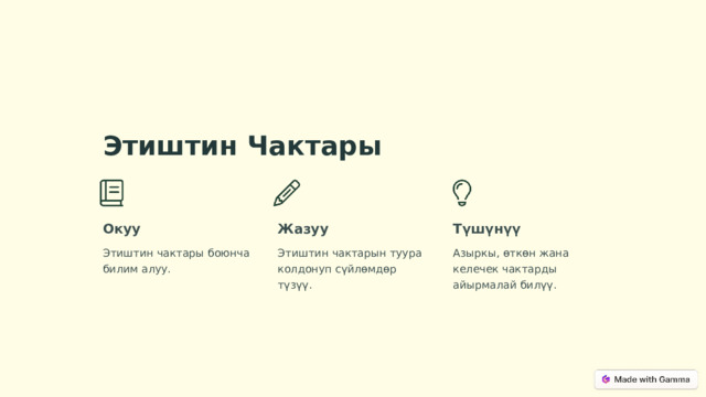 Этиштин Чактары Окуу Жазуу Түшүнүү Этиштин чактары боюнча билим алуу. Этиштин чактарын туура колдонуп сүйлөмдөр түзүү. Азыркы, өткөн жана келечек чактарды айырмалай билүү.  