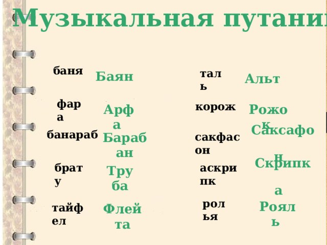 Музыкальная путаница      баня Баян     Альт таль       фара Рожок Арфа   корож   Саксафон    Барабан   банараб   сакфасон   Скрипка    Труба     брату аскрипк    Рояль   ролья тайфел  Флейта 