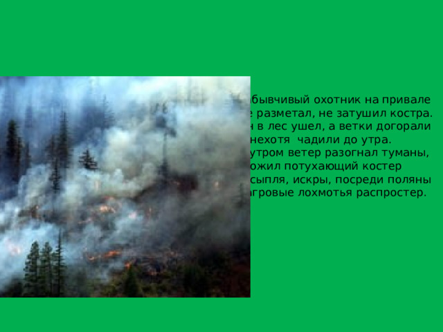 Забывчивый охотник на привале Не разметал, не затушил костра. Он в лес ушел, а ветки догорали И нехотя чадили до утра. А утром ветер разогнал туманы, И ожил потухающий костер И сыпля, искры, посреди поляны Багровые лохмотья распростер. 