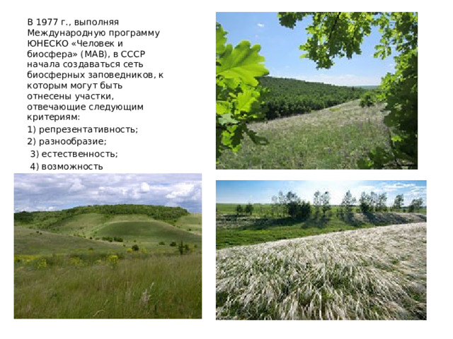 В 1977 г., выполняя Международную программу ЮНЕСКО «Человек и биосфера» (МАВ), в СССР начала создаваться сеть биосферных заповедников, к которым могут быть отнесены участки, отвечающие следующим критериям: 1) репрезентативность; 2) разнообразие;  3) естественность;  4) возможность «самоподдержания» 