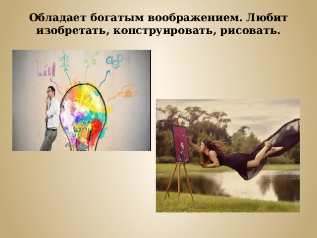 Обладает богатым воображением. Любит изобретать, конструировать, рисовать.   