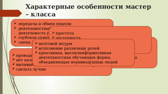 Характерные особенности мастер – класса передача и обмен опытом деятельностный подход (активная деятельность участников) глубокое сочетание теории и практики смена деятельности простота доступность творчество инициативность наглядность образность постижение через соучастие (тесное взаимодействие с участниками) получение немедленного результата (удовлетворение от полученных результатов) мозговой штурм исполнение различных ролей креативная, высокоинформативная деятельностная обучающая форма, объединяющая неравнодушных людей проводит яркая личность нет назидательности вызывает желание сделать как мастер сделать лучше 