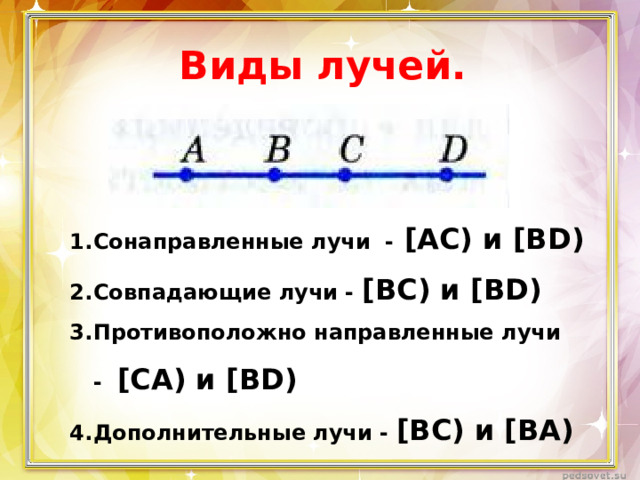 Виды лучей. Сонаправленные лучи - [АС) и [BD) Совпадающие лучи - [ВС) и [BD) Противоположно направленные лучи  - [СА) и [BD) Дополнительные лучи - [ВС) и [BА) 