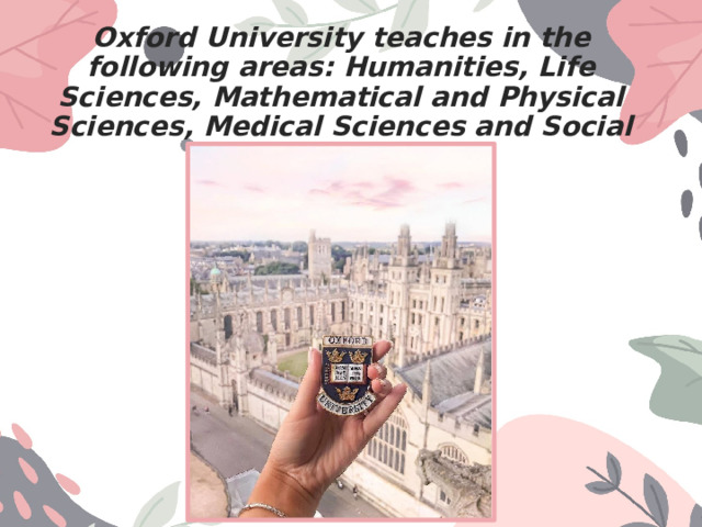 Oxford University teaches in the following areas: Humanities, Life Sciences, Mathematical and Physical Sciences, Medical Sciences and Social Sciences 