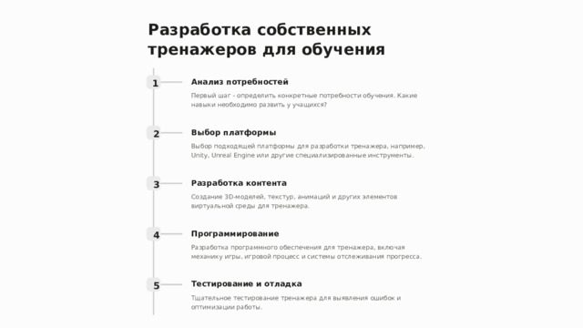 Разработка собственных тренажеров для обучения Анализ потребностей 1 Первый шаг - определить конкретные потребности обучения. Какие навыки необходимо развить у учащихся? Выбор платформы 2 Выбор подходящей платформы для разработки тренажера, например, Unity, Unreal Engine или другие специализированные инструменты. Разработка контента 3 Создание 3D-моделей, текстур, анимаций и других элементов виртуальной среды для тренажера. Программирование 4 Разработка программного обеспечения для тренажера, включая механику игры, игровой процесс и системы отслеживания прогресса. Тестирование и отладка 5 Тщательное тестирование тренажера для выявления ошибок и оптимизации работы.  