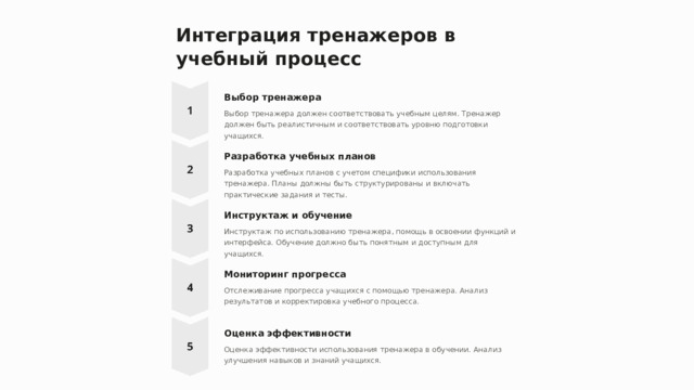 Интеграция тренажеров в учебный процесс Выбор тренажера Выбор тренажера должен соответствовать учебным целям. Тренажер должен быть реалистичным и соответствовать уровню подготовки учащихся. Разработка учебных планов Разработка учебных планов с учетом специфики использования тренажера. Планы должны быть структурированы и включать практические задания и тесты. Инструктаж и обучение Инструктаж по использованию тренажера, помощь в освоении функций и интерфейса. Обучение должно быть понятным и доступным для учащихся. Мониторинг прогресса Отслеживание прогресса учащихся с помощью тренажера. Анализ результатов и корректировка учебного процесса. Оценка эффективности Оценка эффективности использования тренажера в обучении. Анализ улучшения навыков и знаний учащихся.  