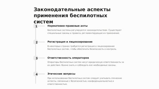 Законодательные аспекты применения беспилотных систем Нормативно-правовые акты 1 Беспилотные системы регулируются законодательством. Существуют специальные законы и правила, регламентирующие их применение. Регистрация и лицензирование 2 В некоторых странах требуется регистрация и лицензирование беспилотных систем, чтобы обеспечить безопасность и контроль. Ответственность операторов 3 Операторы беспилотных систем несут юридическую ответственность за их действия. Важно знать и соблюдать все необходимые законы. Этические вопросы 4 При использовании беспилотных систем следует учитывать этические аспекты, связанные с безопасностью, конфиденциальностью и ответственностью.  