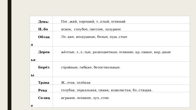 День: Пог..жий, хороший, т..плый, осенний Н..бо ясное,  голубое, светлое, лазурное Облака   Ле..кие, воздушные, белые, пуш..стые Деревья жёлтые, з..л..тые, разноцветные, осенние, кр..сивые, нар..дные Берёзы стройные, гибкие, белоствольные. Трава Ж..лтая, зелёная Река   голубая, зеркальная, синяя, извилистая, бл..стящая. Солнце игривое, осеннее, луч..стое. 
