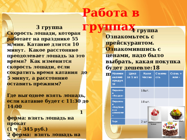 Работа в группах 3 группа Скорость лошади, которая работает на празднике 55 м/мин. Катание длится 10 минут. Какое расстояние преодолевает лошадь за это время? Как изменится скорость лошади, если сократить время катания до 5 минут, а расстояние оставить прежним?  Где выгоднее взять лошадь, если катание будет с 11:30 до 14:00  1 ферма: взять лошадь на прокат (1 ч – 345 руб.) 2 ферма: взять лошадь на прокат (3 ч – 900 руб.) 3 ферма: взять лошадь на прокат (30 минут – 200 руб.) 4 группа Ознакомьтесь с прейскурантом.  Ознакомившись с ценами, надо было выбрать, какая покупка будет дешевле:18 пирожных или 2 торта.   Наименование продукта Пирожное «Ягодка» Цена  за 1 шт Пирожное «Клубника со сливками» Коли  чество Торт Стоимость 18шт. Ставь + или - 18 шт. 2 шт. 