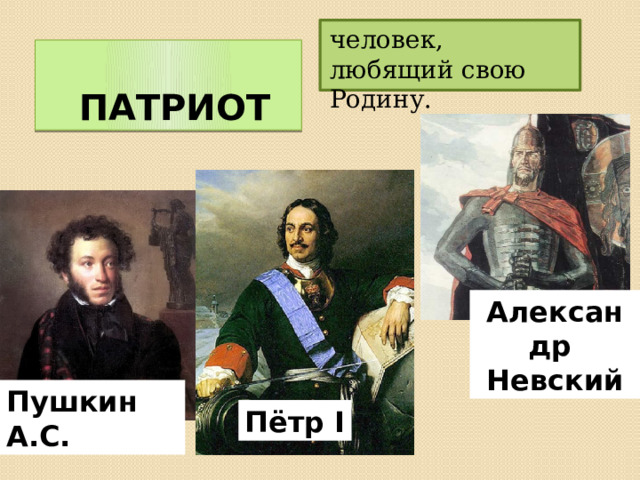 человек, любящий свою Родину.  Патриот Александр Невский Пушкин А.С. Пётр I 
