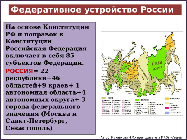 Федеративное устройство России На основе Конституции РФ и поправок к Конституции Российская Федерация включает в себя 85 субъектов Федерации. РОССИЯ = 22 республики+46 областей+9 краев+ 1 автономная область+4 автономных округа+ 3 города федерального значения (Москва и Санкт-Петербург, Севастополь) ) Автор: Михайлова Н.М.- преподаватель МАОУ «Лицей № 21»  