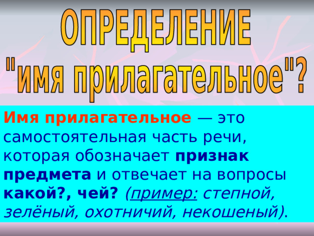 Имя прилагательное  — это самостоятельная часть речи, которая обозначает признак предмета и отвечает на вопросы какой?, чей?  ( пример: степной, зелёный, охотничий, некошеный) . 