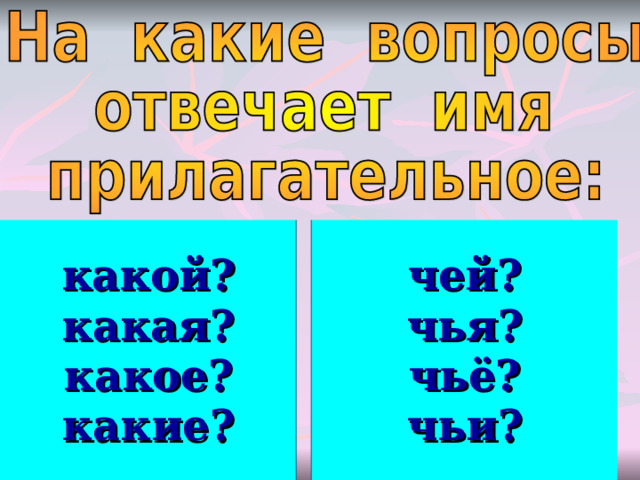 какой?  какая?  какое?  какие? чей?  чья?  чьё?  чьи? 