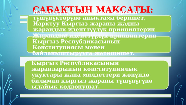Сабактын максаты: «Иденттүүлүк», «Кыргыз жараны» түшүнүктөрүнө аныктама берет; Иденттүүлүк», «Кыргыз жараны» түшүнүктөрүнө аныктама беришет. Нарктуу Кыргыз жараны жалпы жарандык иденттүүлүк принциптерин түшүнүшөт.  Жарандык иденттүүлүк принциптерин Кыргыз Республикасынын Конституциясы менен байланыштырууга жетишишет. Кыргыз Республикасынын жарандарынын конституциялык укуктары жана милдеттери жөнүндө билимди кыргыз жараны түшүнүгүнө ылайык колдонушат. 
