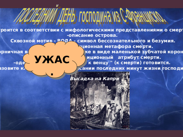 Строится в соответствии с мифологическими представлениями о смерти: -описание острова.  Сквозной мотив - ВОДА - символ бессознательного и безумия. -гостиница - традиционная метафора смерти. -горничная в «крахмальном чепчике в виде маленькой зубчатой короны»  - зубчатая корона традиционный атрибут смерти. -одевание к ужину - 
