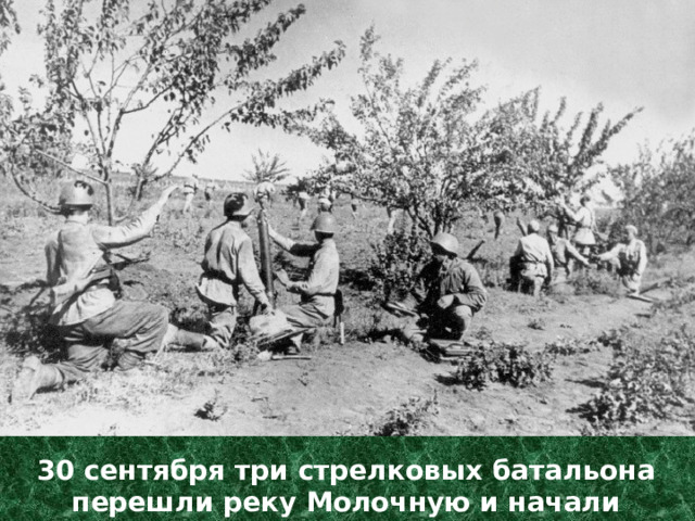 30 сентября три стрелковых батальона перешли реку Молочную и начали штурмовать немецкие позиции 