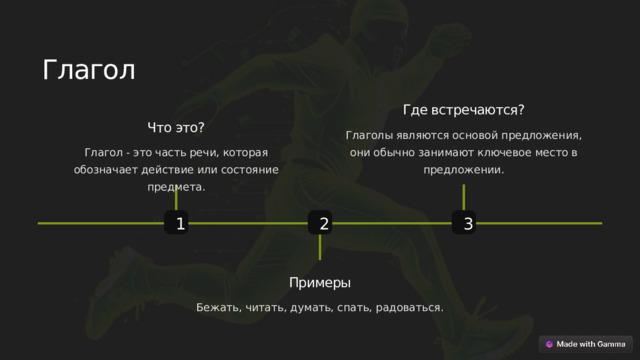 Глагол Где встречаются? Что это? Глаголы являются основой предложения, они обычно занимают ключевое место в предложении. Глагол - это часть речи, которая обозначает действие или состояние предмета. 2 3 1 Примеры Бежать, читать, думать, спать, радоваться.  