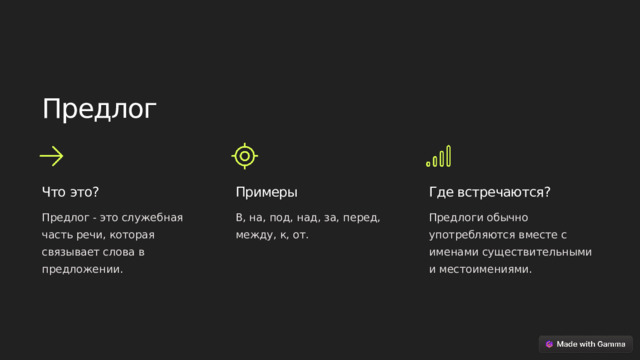 Предлог Что это? Примеры Где встречаются? Предлог - это служебная часть речи, которая связывает слова в предложении. В, на, под, над, за, перед, между, к, от. Предлоги обычно употребляются вместе с именами существительными и местоимениями.  