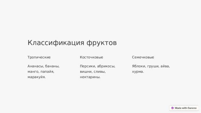 Классификация фруктов Тропические Косточковые Семечковые Ананасы, бананы, манго, папайя, маракуйя. Персики, абрикосы, вишни, сливы, нектарины. Яблоки, груши, айва, хурма.  