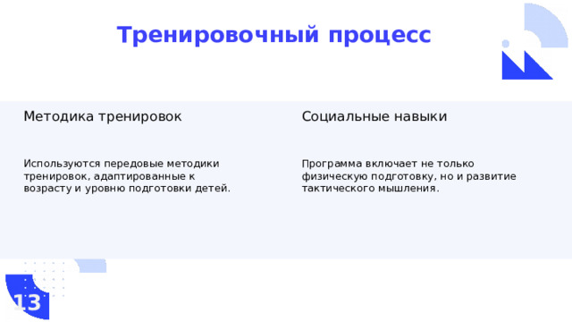 Тренировочный процесс Методика тренировок Социальные навыки Используются передовые методики тренировок, адаптированные к возрасту и уровню подготовки детей. Программа включает не только физическую подготовку, но и развитие тактического мышления. 13  