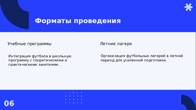 Форматы проведения Учебные программы Летние лагеря Организация футбольных лагерей в летний период для усиленной подготовки. Интеграция футбола в школьную программу с теоретическими и практическими занятиями. 06  