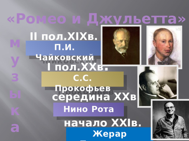 «Ромео и Джульетта» II пол.XIXв. м у з ы к а  П.И. Чайковский I пол.XXв . С.С. Прокофьев середина XXв. Нино Рота начало XXIв. Жерар Пресгюрвик 
