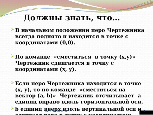 Должны знать, что… В начальном положении перо Чертежника всегда поднято и находится в точке с координатами (0,0).  По команде «сместиться в точку (х,у)» Чертежник сдвигается в точку с координатами (х, у).  Если перо Чертежника находится в точке (х, у), то по команде «сместиться на вектор (a, b)» Чертежник отсчитывает a единиц вправо вдоль горизонтальной оси, b единиц вверх вдоль вертикальной оси и сдвигает перо в точку с координатами (х+a, y+b). МОУ 